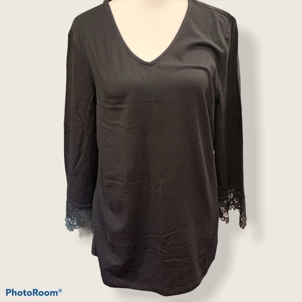 Final Sale Denim & Co Black V-Neck Lace Cuff Long Sleeve Top Womens Size Small